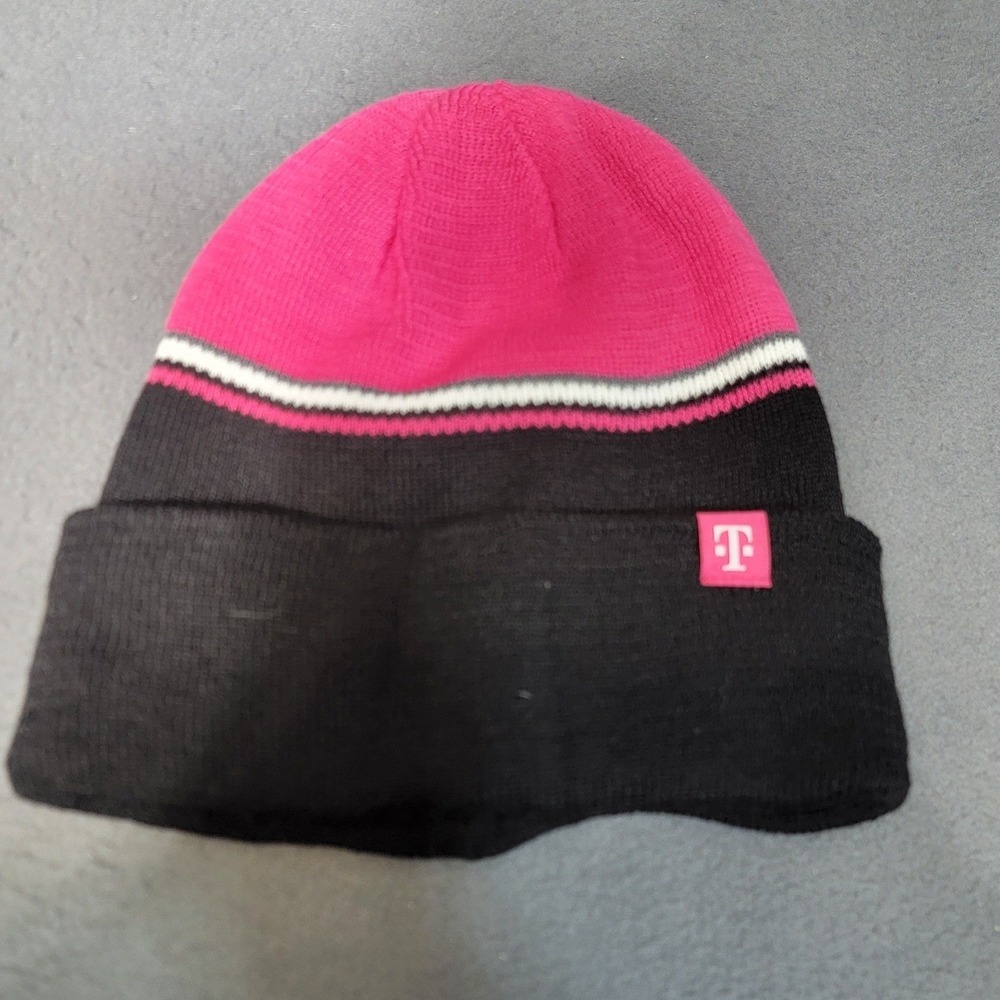 T-Mobile Beanie Hat Magenta Black Striped Cuffed Knit Cap Recycled Polyester